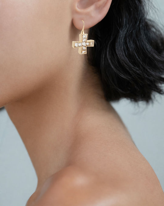 GOLD QUARTZ CRYSTAL CROSS EARRINGS