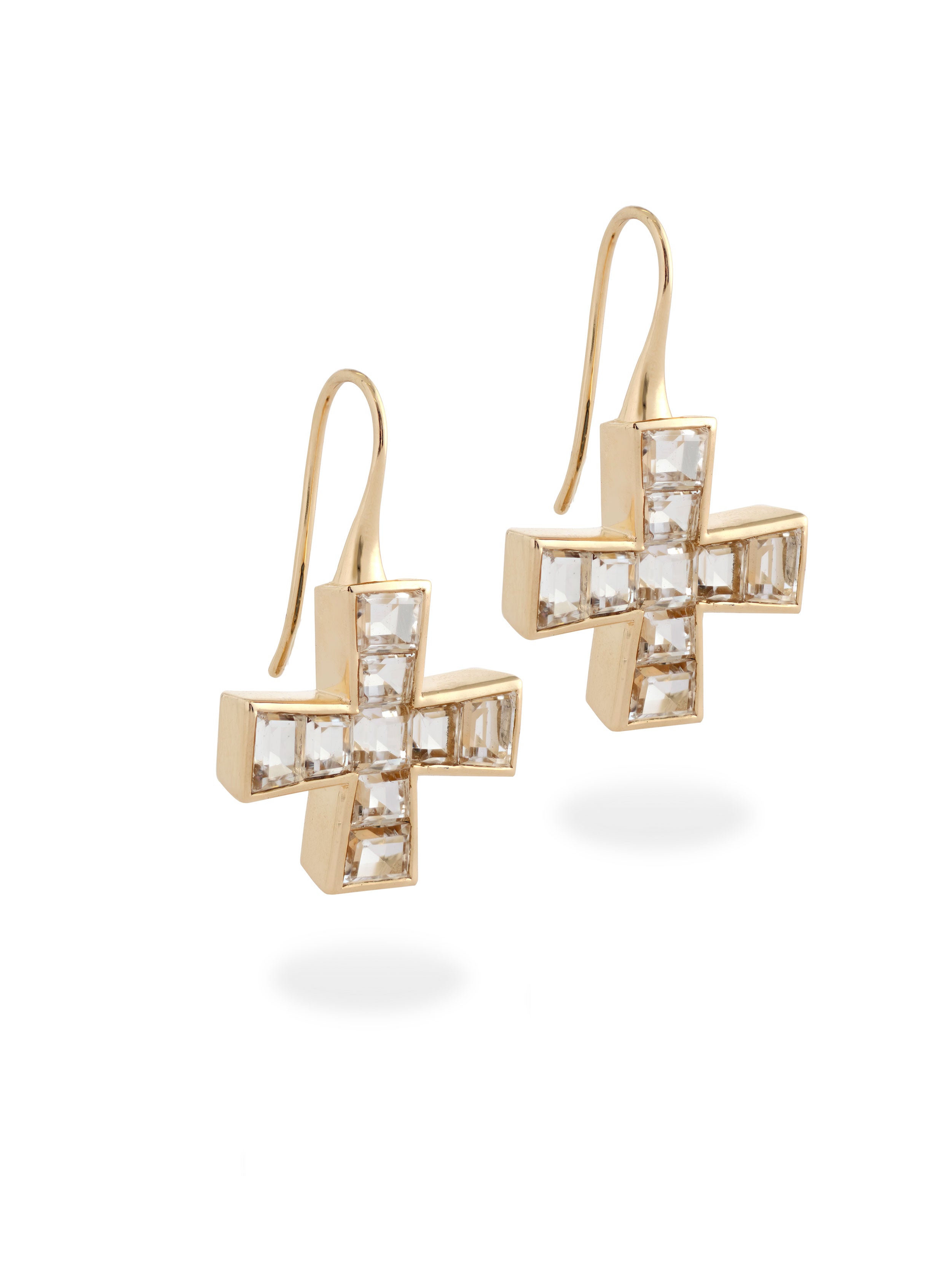 GOLD QUARTZ CRYSTAL CROSS EARRINGS