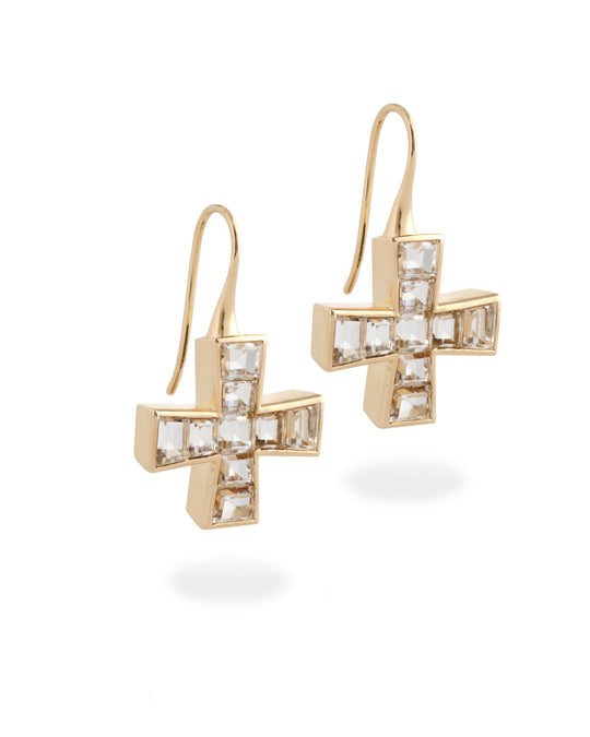 GOLD QUARTZ CRYSTAL CROSS EARRINGS
