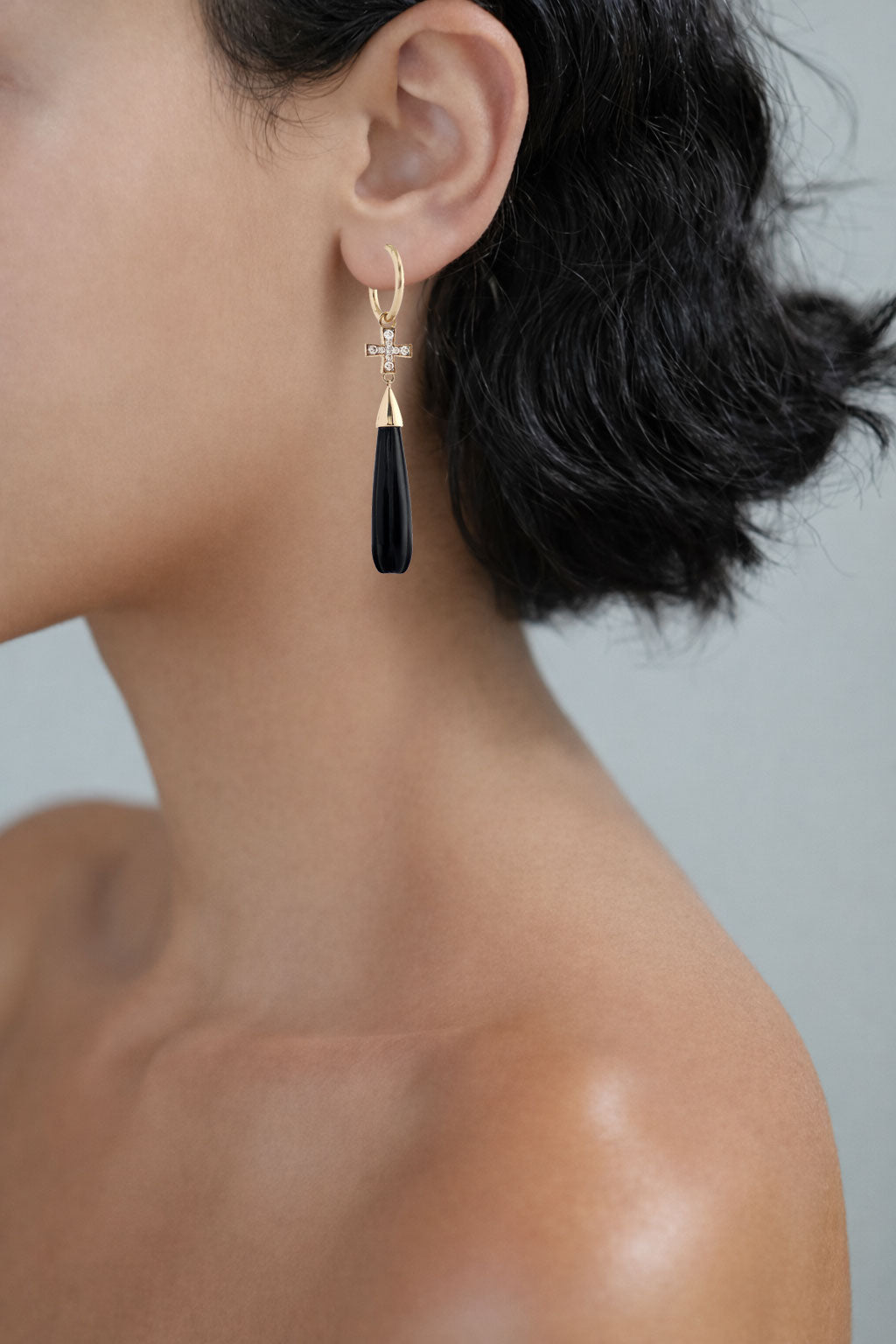 GOLD BLACK ONYX AND DIAMOND CROSS EARRINGS
