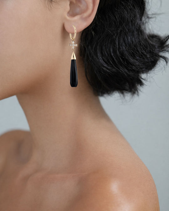 GOLD BLACK ONYX AND DIAMOND CROSS EARRINGS