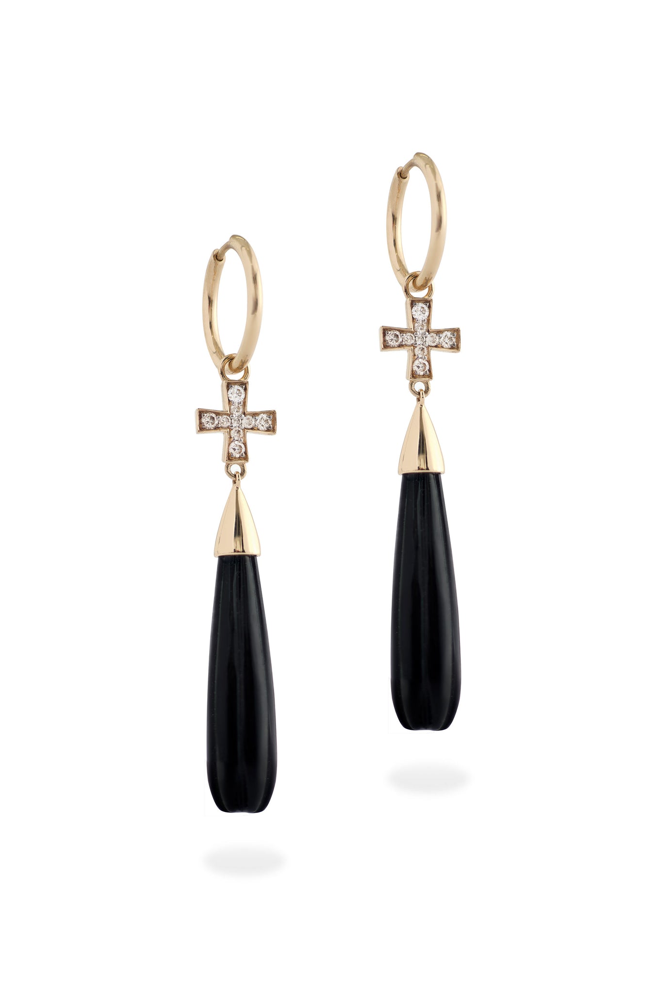 GOLD BLACK ONYX AND DIAMOND CROSS EARRINGS
