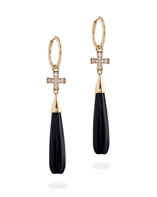 GOLD BLACK ONYX AND DIAMOND CROSS EARRINGS